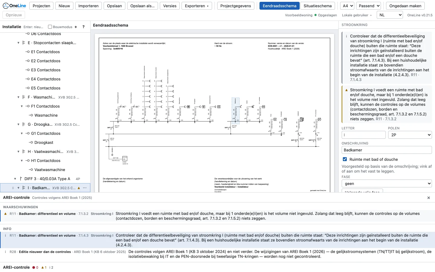 Het paneel AREI-controle onder het schema, met een waarschuwing en informatie over de badkamerkring, elk met titel en artikelverwijzing. De betrokken kring is in de lijst en op het schema aangeduid.