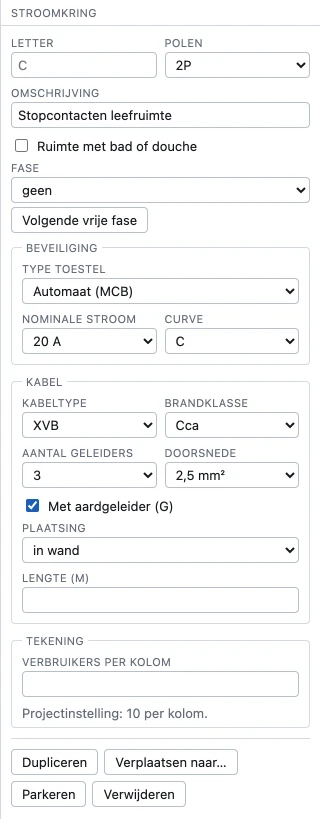 Het paneel Eigenschappen van een stroomkring: letter, polen, omschrijving, ruimte met bad of douche, fase met de knop Volgende vrije fase, de groepen Beveiliging (type toestel, nominale stroom, curve), Kabel (kabeltype, brandklasse, aantal geleiders, doorsnede, aardgeleider, plaatsing, lengte) en Tekening, en de knoppen Dupliceren, Verplaatsen naar…, Parkeren en Verwijderen.