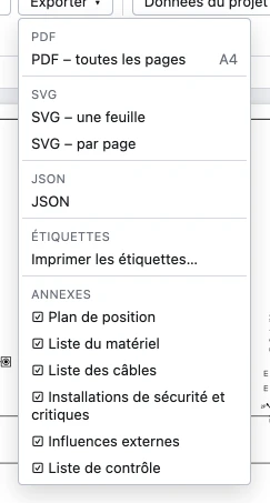 Le menu Exporter avec les groupes PDF (PDF – toutes les pages), SVG (une feuille, par page), JSON, Étiquettes (Imprimer les étiquettes…) et Annexes : plan de position, liste du matériel, liste des câbles, installations de sécurité et critiques, influences externes et liste de contrôle, chacune avec une case à cocher.