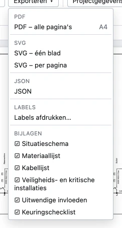 Het menu Exporteren met de groepen PDF (PDF – alle pagina's), SVG (één blad, per pagina), JSON, Labels (Labels afdrukken…) en Bijlagen: situatieschema, materiaallijst, kabellijst, veiligheids- en kritische installaties, uitwendige invloeden en keuringschecklist, elk met een vinkje.