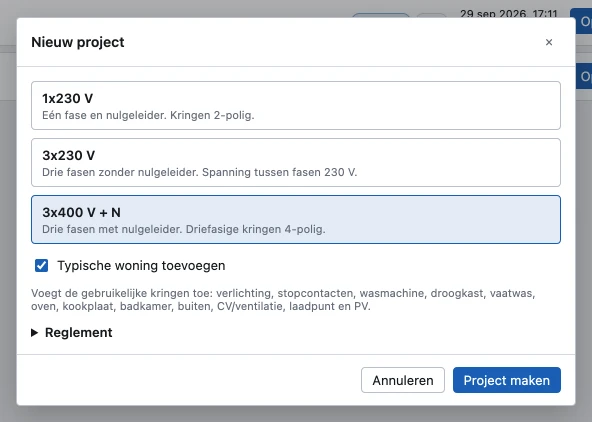 Het venster Nieuw project met de keuze tussen 1x230 V, 3x230 V en 3x400 V + N, het vinkje Typische woning toevoegen en de knoppen Annuleren en Project maken.