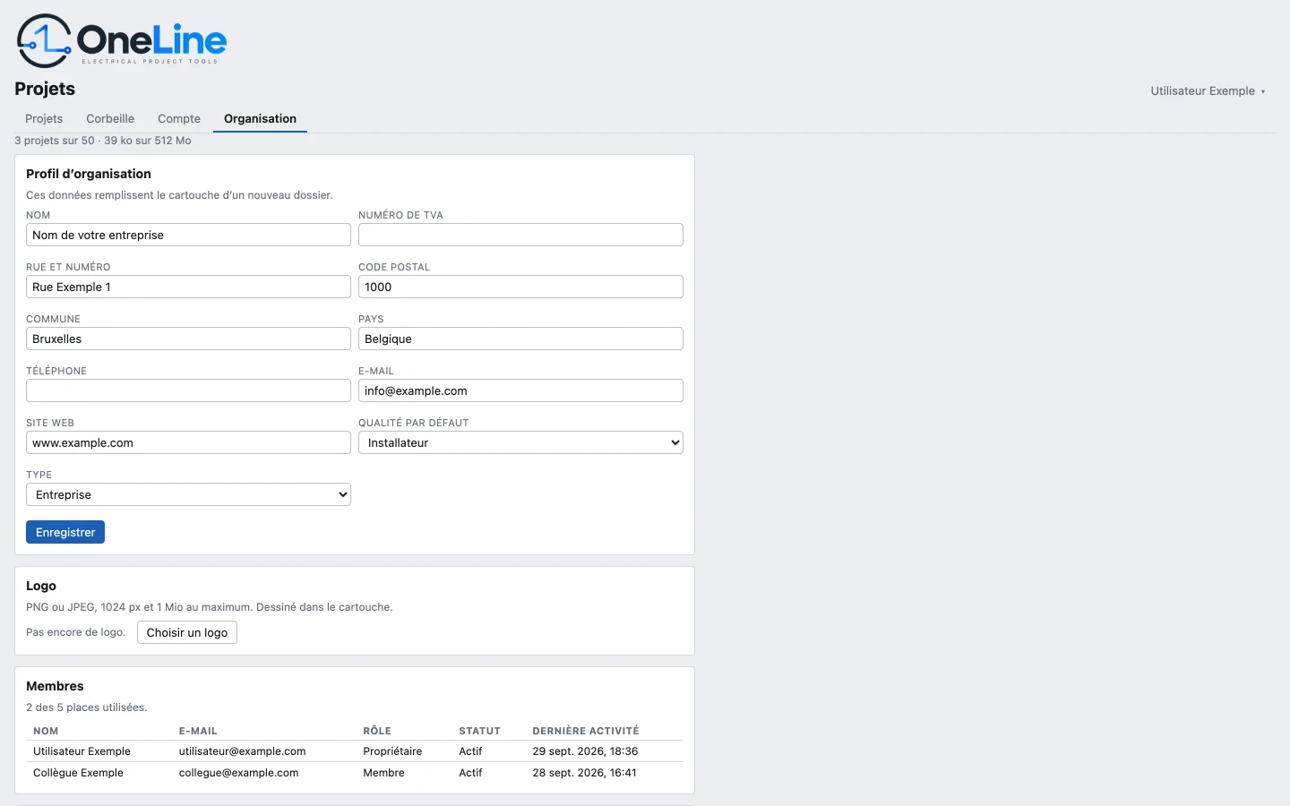 L’onglet Organisation avec le profil d’organisation (nom, numéro de TVA, adresse, téléphone, e-mail, site web, qualité par défaut, type), le logo et la liste des membres.