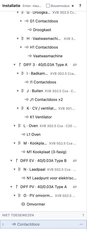 De boomstructuur Installatie met onderaan de zone Niet toegewezen, waarin een geparkeerde contactdoos staat.