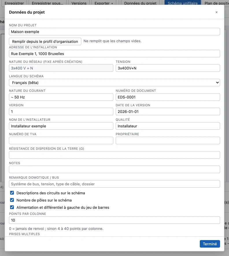 La fenêtre Données du projet, en haut : nom du projet, le bouton Remplir depuis le profil d’organisation, l’adresse, la nature du réseau, la tension, la langue du schéma, le numéro de document, la version et la date, le nom et la qualité de l’installateur.