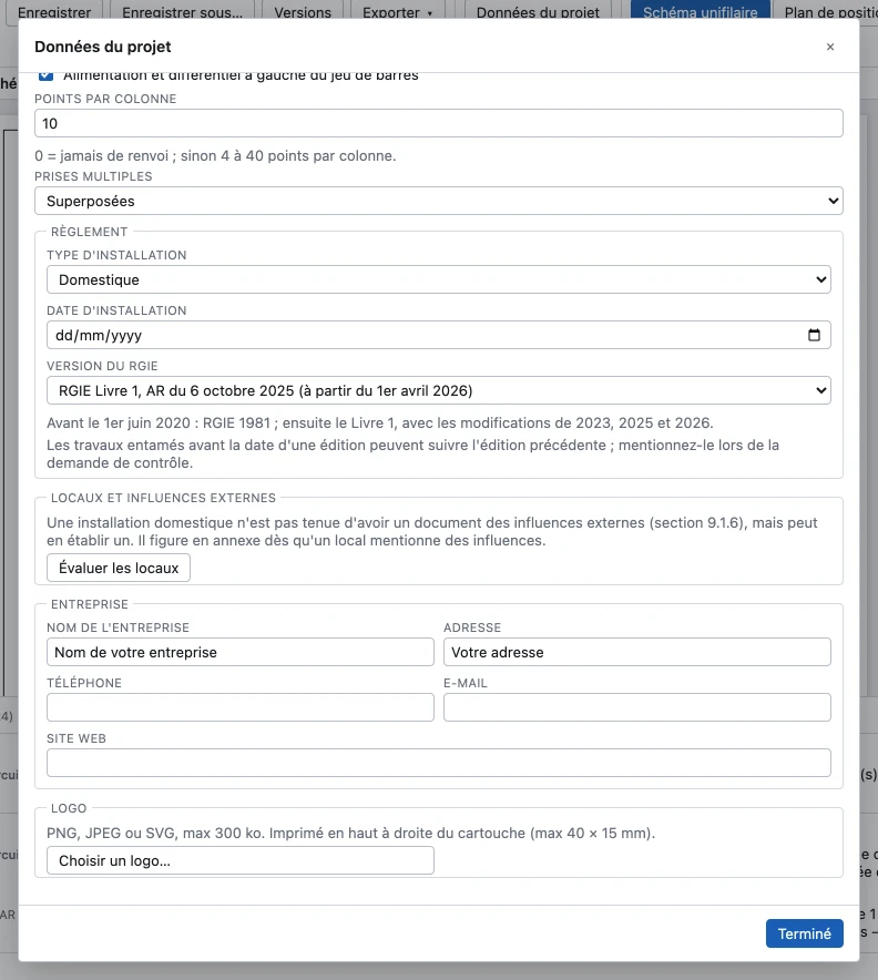 La fenêtre Données du projet, en bas : les options d’affichage du schéma et les groupes Règlement (type d’installation, date d’installation, version du RGIE), Locaux et influences externes, Entreprise et Logo.