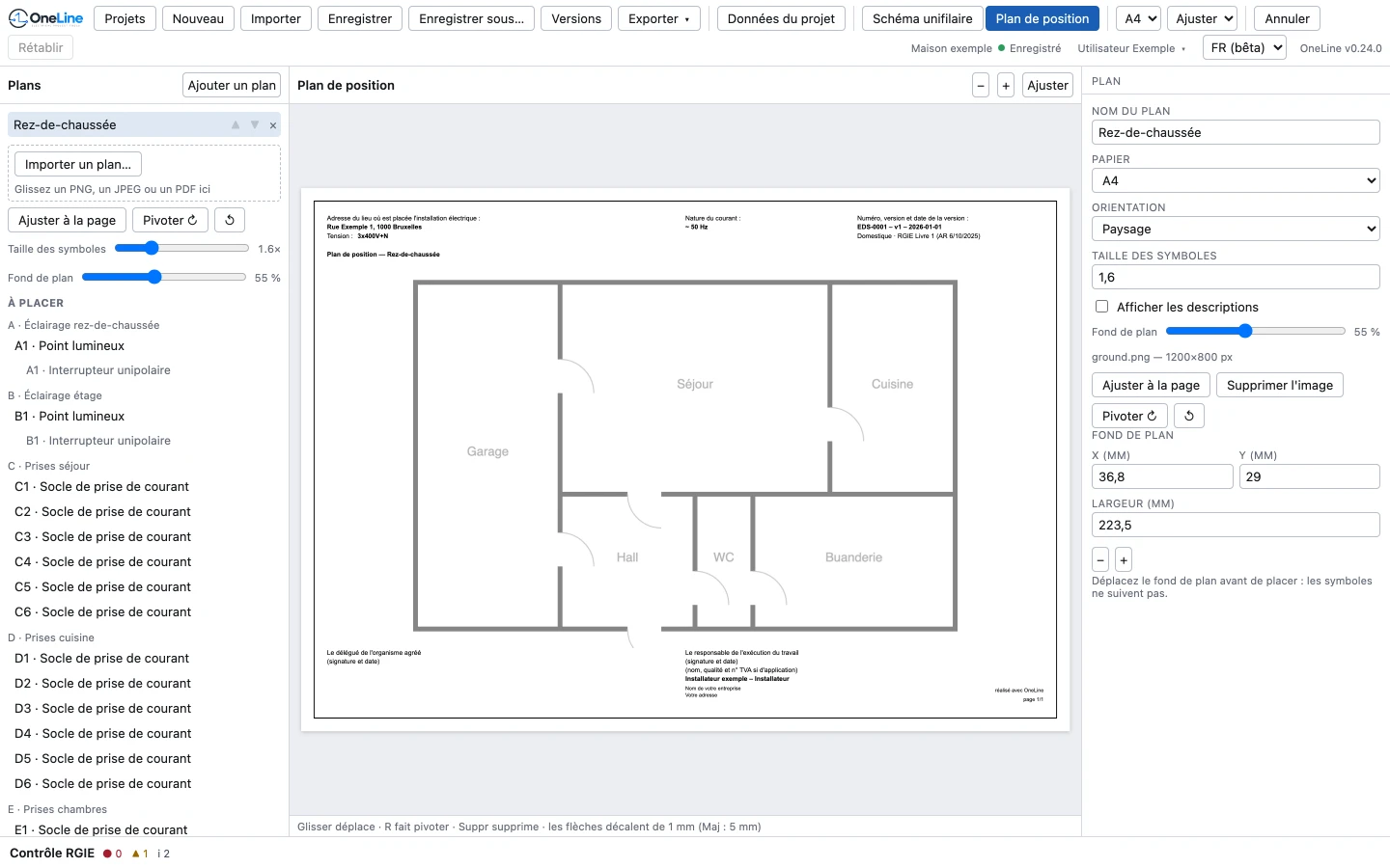 La vue Plan de position juste après l’importation d’un plan : à gauche la liste Plans avec le plan Rez-de-chaussée, les boutons Ajuster à la page et Pivoter et les curseurs Taille des symboles et Fond de plan, en dessous la liste À placer ; au centre le plan sur la feuille ; à droite les propriétés du plan et du fond de plan (position et largeur).