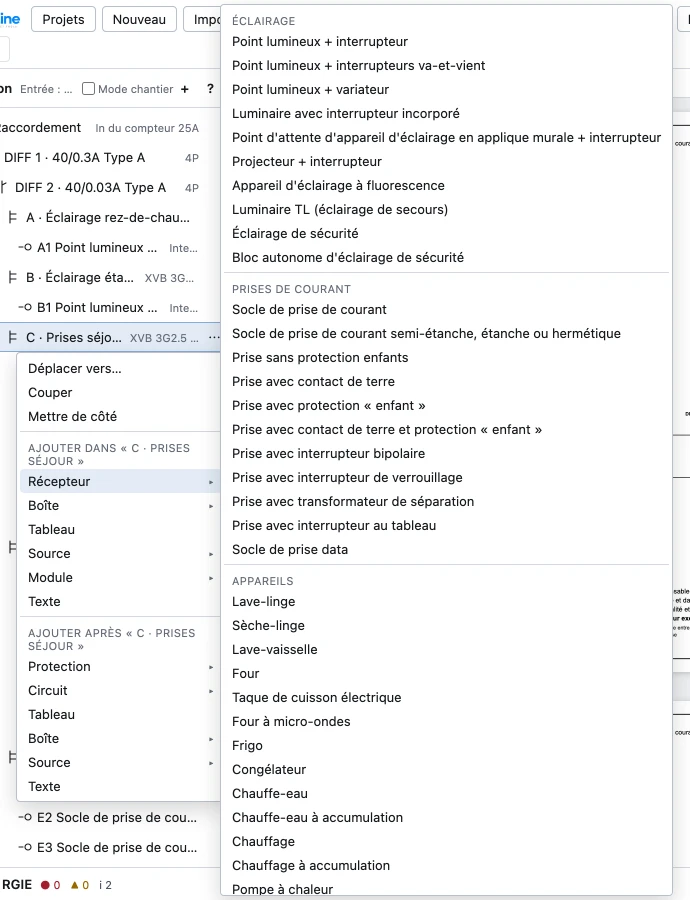Le menu Actions d’un circuit dans l’arborescence, avec Déplacer vers…, Couper, Mettre de côté et les groupes Ajouter dans et Ajouter après ; le sous-menu Récepteur est ouvert avec les variantes par groupe.