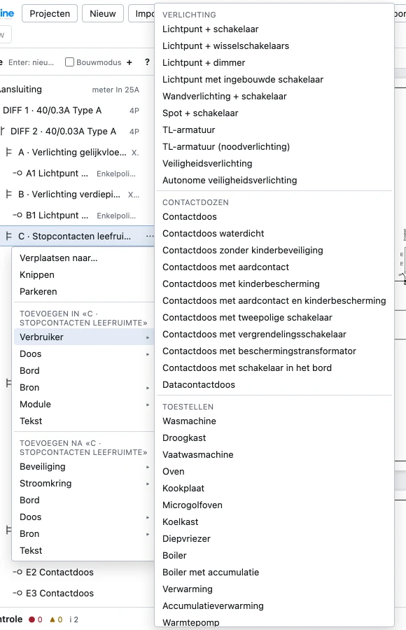 Het menu Acties van een stroomkring in de boomstructuur, met Verplaatsen naar…, Knippen, Parkeren en de groepen Toevoegen in en Toevoegen na; het submenu Verbruiker is open met de voorinstellingen per groep.