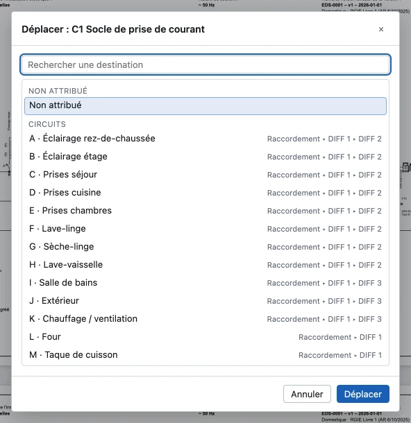 La fenêtre Déplacer pour la prise C1 avec un champ de recherche et la liste des destinations possibles : Non attribué et les circuits avec leur place dans l’installation, et les boutons Annuler et Déplacer.