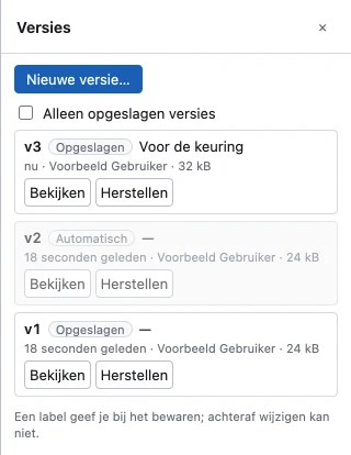 Het paneel Versies met de knop Nieuwe versie…, het vinkje Alleen opgeslagen versies en de lijst van versies met nummer, soort, label, tijdstip en auteur, telkens met de knoppen Bekijken en Herstellen.